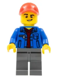 LEGO Truck Driver - Blue Jacket over Dark Red V-Neck Sweater, Dark Bluish Gray Legs, Red Cap with Hole, Lopsided Grin minifigure