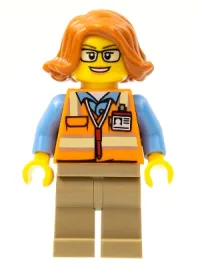 LEGO Cargo Office Worker - Orange Safety Vest with Reflective Stripes, Dark Tan Legs, Dark Orange Female Hair Short Swept Sideways, Glasses minifigure