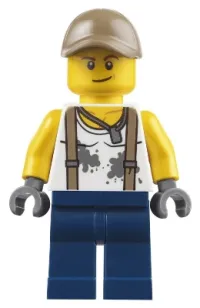 LEGO City Jungle Engineer - White Shirt with Suspenders and Dirt Stains, Dark Blue Legs, Dark Tan Cap with Hole, Smirk minifigure