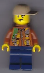 LEGO City Jungle Explorer - Dark Orange Jacket with Pouches, Dark Blue Legs, Dark Tan Cap with Hole, Backpack, Lopsided Grin minifigure