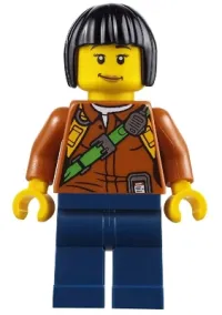 LEGO City Jungle Explorer Female - Dark Orange Shirt with Green Strap, Dark Blue Legs, Black Bob Cut Hair, Peach Lips Lopsided Smile minifigure
