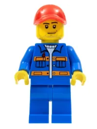 LEGO Blue Jacket with Pockets and Orange Stripes, Blue Legs, Red Cap with Hole minifigure