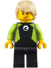 LEGO Coast Guard City - Surfer in Black and Lime Wetsuit, Tan Wavy Hair minifigure