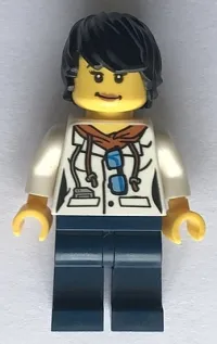 LEGO City Jungle Scientist Female - White Lab Coat with Sunglasses, Dark Blue Legs, Black Tousled Hair minifigure