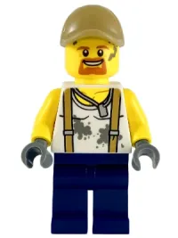 LEGO City Jungle Engineer - White Shirt with Suspenders and Dirt Stains, Dark Blue Legs, Dark Tan Cap with Hole, Goatee minifigure