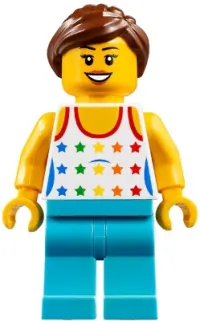 LEGO Shirt with Female Rainbow Stars Pattern, Medium Azure Legs, Reddish Brown Ponytail Hair, Black Eyebrows minifigure
