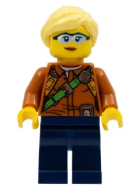 LEGO City Jungle Explorer Female - Dark Orange Shirt with Green Strap, Dark Blue Legs, Bright Light Yellow Ponytail and Swept Sideways Fringe minifigure