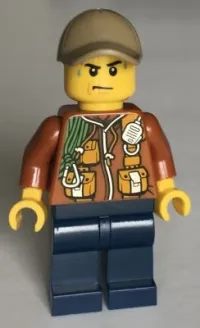LEGO City Jungle Explorer - Dark Orange Jacket with Pouches, Dark Blue Legs, Dark Tan Cap with Hole, Sweat Drops minifigure