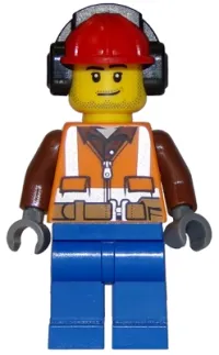 LEGO Forester - Male, Orange Safety Vest, Reflective Stripes, Reddish Brown Shirt, Blue Legs, Red Construction Helmet with Black Headphones, Stubble minifigure