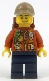 LEGO City Jungle Explorer - Dark Orange Jacket with Pouches, Dark Blue Legs, Dark Tan Cap with Hole, Smirk and Stubble Beard with Backpack minifigure