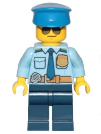 LEGO Police - City Officer Shirt with Dark Blue Tie and Gold Badge, Dark Tan Belt with Radio, Dark Blue Legs, Police Hat, Sunglasses minifigure