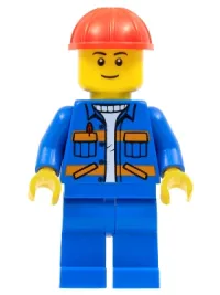 LEGO Blue Jacket with Diagonal Lower Pockets and Orange Stripes, Blue Legs, Red Construction Helmet minifigure
