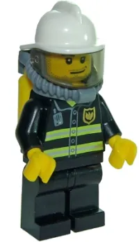 LEGO Fire - Reflective Stripes, Black Legs, White Fire Helmet, Smirk and Stubble Beard, Breathing Neck Gear with Yellow Air Tanks minifigure