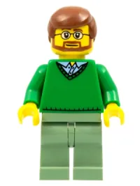 LEGO Green V-Neck Sweater, Sand Green Legs, Reddish Brown Hair, Beard minifigure