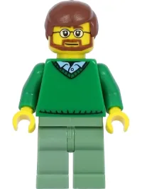 LEGO Green V-Neck Sweater over Button Down Shirt Collar with 1 Button, Sand Green Legs, Reddish Brown Hair, Beard minifigure