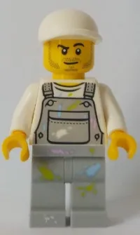 LEGO Light Bluish Gray Overalls with Paint Splatters, Light Bluish Gray Legs, White Short Bill Cap, Stubble minifigure
