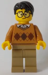 LEGO Medium Nougat Argyle Sweater, Dark Tan Legs, Black Hair, Large Round Glasses minifigure