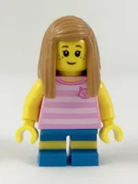 LEGO Hiker, Girl Child, Pink Kitty Shirt, Medium Nougat Long Straight Hair with Side Part minifigure