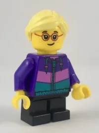LEGO Hiker, Girl Child, Dark Purple Jacket, Glasses, Bright Light Yellow Ponytail and Swept Sideways Fringe minifigure