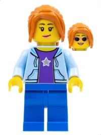 LEGO Hiker, Female, Bright Light Blue Hoodie over Dark Purple Star Shirt, Dark Orange Ponytail Long with Side Bangs minifigure