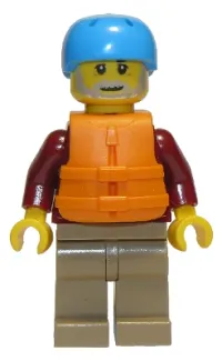 LEGO Man, Dark Red Jacket with Bright Light Blue Shirt, Dark Tan Legs, Orange Life Jacket, Dark Azure Sports Helmet, Beard (Rafter) minifigure