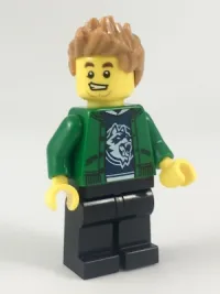 LEGO Hiker, Male, Green Jacket over Raccoon Shirt, Black Legs, Medium Nougat Spiked Hair minifigure