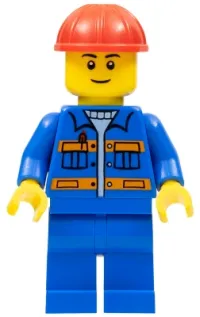 LEGO Blue Jacket with Pockets and Orange Stripes, Blue Legs, Red Construction Helmet, Thin Grin minifigure