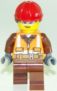 LEGO Construction Worker - Female, Orange Safety Vest, Reflective Stripes, Reddish Brown Shirt and Legs, Red Construction Helmet with Dark Brown Hair, Safety Glasses minifigure
