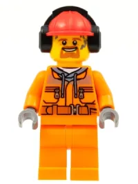 LEGO Construction Worker - Male, Orange Safety Jacket, Reflective Stripe, Sand Blue Hoodie, Orange Legs, Red Construction Helmet with Black Headphones, Goatee minifigure