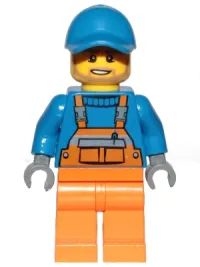 LEGO Overalls with Safety Stripe Orange, Orange Legs, Blue Short Bill Cap, Dark Tan Angular Beard minifigure