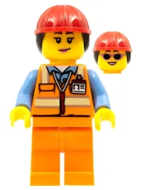 LEGO Airport Luggage Handler, Female, Red Helmet with Ponytail, Orange Reflective Uniform minifigure