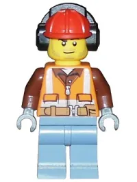LEGO Construction Worker - Male, Orange Safety Vest, Reflective Stripes, Reddish Brown Shirt, Sand Blue Legs, Red Construction Helmet with Black Headphones, Stubble minifigure