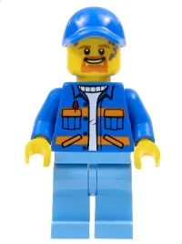 LEGO Garbage Worker - Male, Blue Jacket with Diagonal Lower Pockets and Orange Stripes, Medium Blue Legs, Blue Cap with Hole, Goatee and Splotches minifigure