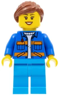 LEGO Garbage Worker - Female, Blue Jacket with Diagonal Lower Pockets and Orange Stripes, Dark Azure Legs, Reddish Brown Ponytail minifigure