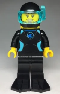 LEGO Diver, Female, Black Flippers and Wetsuit with Blue Logo, Yellow Scuba Tank minifigure