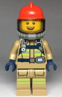 LEGO Fire - Reflective Stripes, Dark Tan Suit, Red Fire Helmet, Open Mouth, Breathing Neck Gear with Blue Air Tanks minifigure