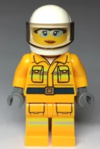 LEGO Fire - Reflective Stripes, Bright Light Orange Suit, White Helmet, Safety Glasses, Peach Lips Closed Mouth Smile minifigure