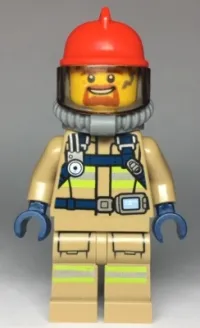 LEGO Fire - Reflective Stripes, Dark Tan Suit, Red Fire Helmet, Open Mouth with Goatee, Breathing Neck Gear with Blue Air Tanks minifigure