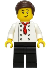 LEGO Burger Chef - White Torso with 8 Buttons, No Wrinkles Front or Back, Black Legs, Dark Brown Hair minifigure