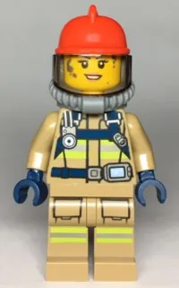 LEGO Fire - Reflective Stripes, Dark Tan Suit, Red Fire Helmet, Open Mouth with Peach Lips and Dirty Face, Breathing Neck Gear with Blue Air Tanks minifigure