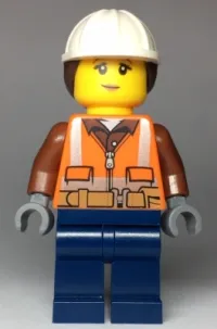 LEGO Construction Worker - Female, Orange Safety Vest, Reflective Stripes, Reddish Brown Shirt, Dark Blue Legs, White Construction Helmet with Dark Brown Hair, Peach Lips minifigure