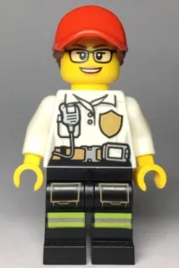 LEGO Fire - Female White Shirt with Fire Logo Badge and Belt, Reflective Stripes on Black Legs, Red Cap with Ponytail minifigure