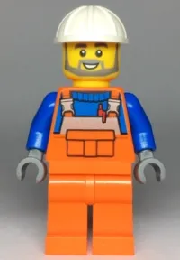 LEGO Construction Worker - Male, Orange Overalls with Reflective Stripe and Buckles over Blue Shirt, Orange Legs, White Construction Helmet minifigure