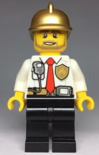LEGO Fire - White Shirt with Tie and Belt and Radio, Black Legs, Gold Fire Helmet minifigure