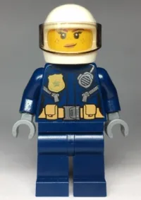 LEGO Police - City Helicopter Pilot Female, Gold Badge and Utility Belt, Dark Blue Legs, White Helmet, Peach Lips Crooked Smile with Freckles minifigure