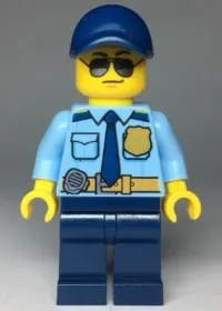 LEGO Police - City Officer Shirt with Dark Blue Tie and Gold Badge, Dark Tan Belt with Radio, Dark Blue Legs, Dark Blue Cap, Sunglasses minifigure