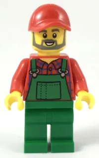 LEGO Farmer - Red Cap and Flannel Shirt, Dark Bluish Gray Beard, Green Overalls minifigure