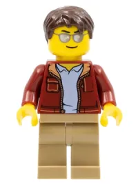 LEGO Man, Dark Red Jacket with Bright Light Blue Shirt, Dark Tan Legs, Dark Brown Short Tousled Hair, Sunglasses (Truck Driver) minifigure
