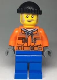 LEGO Snow Groomer Operator - Male, Orange Safety Jacket, Reflective Stripe, Sand Blue Hoodie, Blue Legs, Black Knit Cap, Moustache and Sideburns minifigure