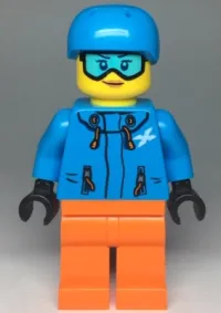 LEGO Skier Female, Dark Azure Jacket and Helmet, Goggles with Peach Lips minifigure
